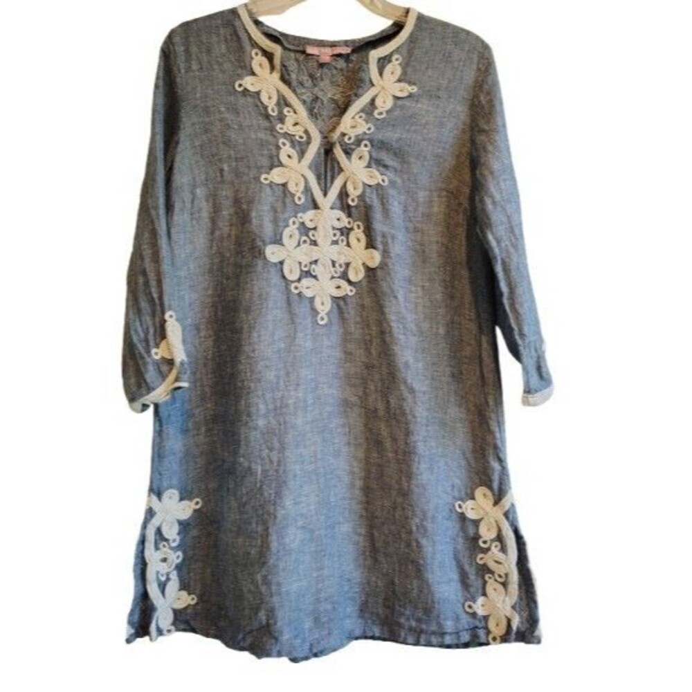 Calypso St. Barth 100% Linen Soutache Embroidered Tunic Dress Blue XS Very Good
